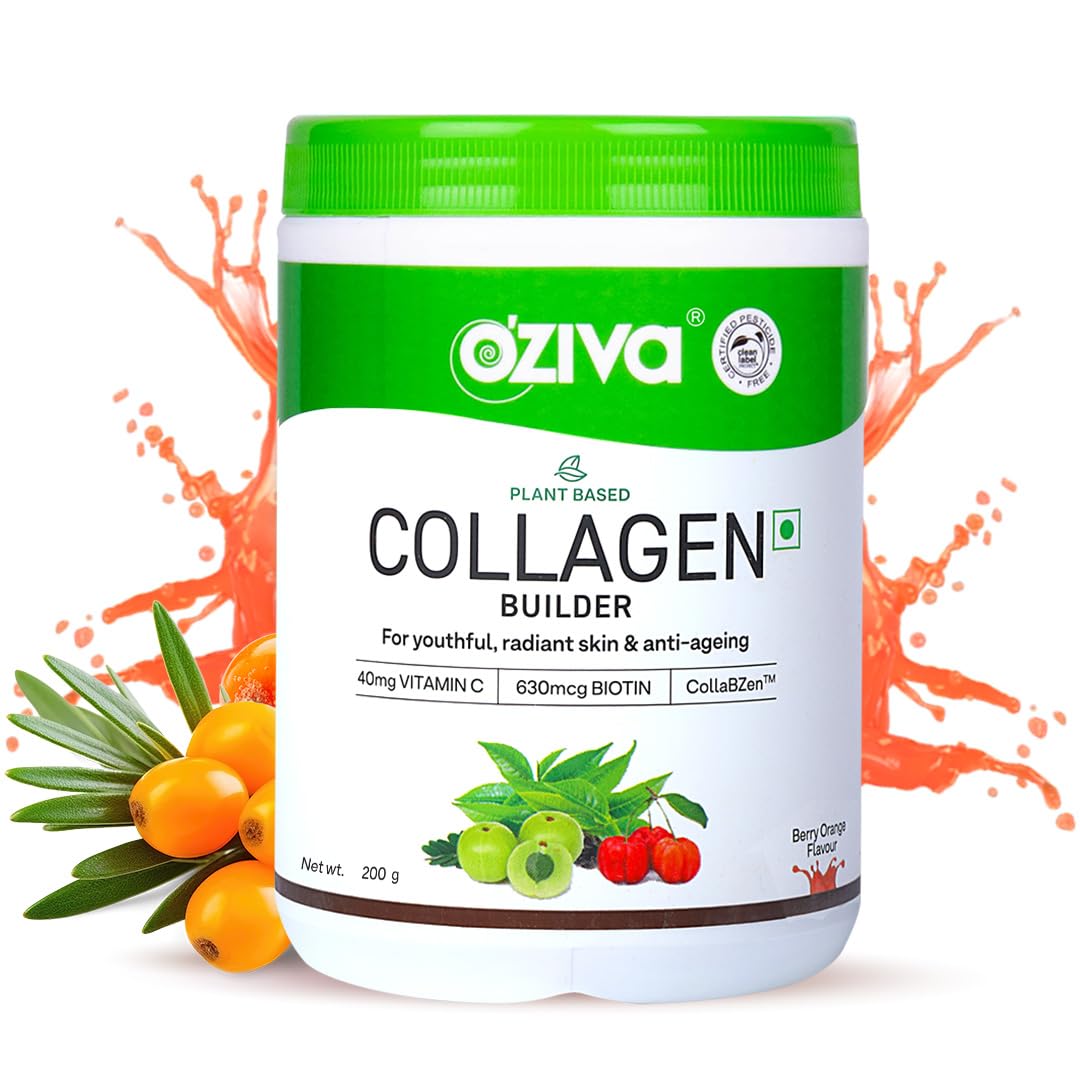 OZiva Vegan Collagen Powder, Skin, Hair & Nails, Biotin, Berry Orange, 200g Pack of 1 - Starter Pack