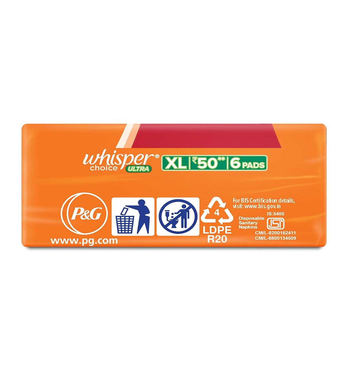 Whisper Choice Sanitary Pads for Women, XL, 6 Napkins (Pack of 1) With wings 6