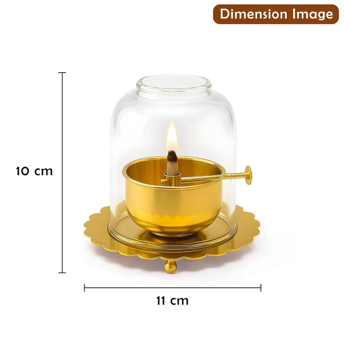 Brass Akhand Jyoti Diya Oil Lamp with Adjustable Bati Knob | Lifting Screw Wick Holder & Borosilicate Glass Cover | Large Size, 200 ml Oil Capacity, Stay Lit fo