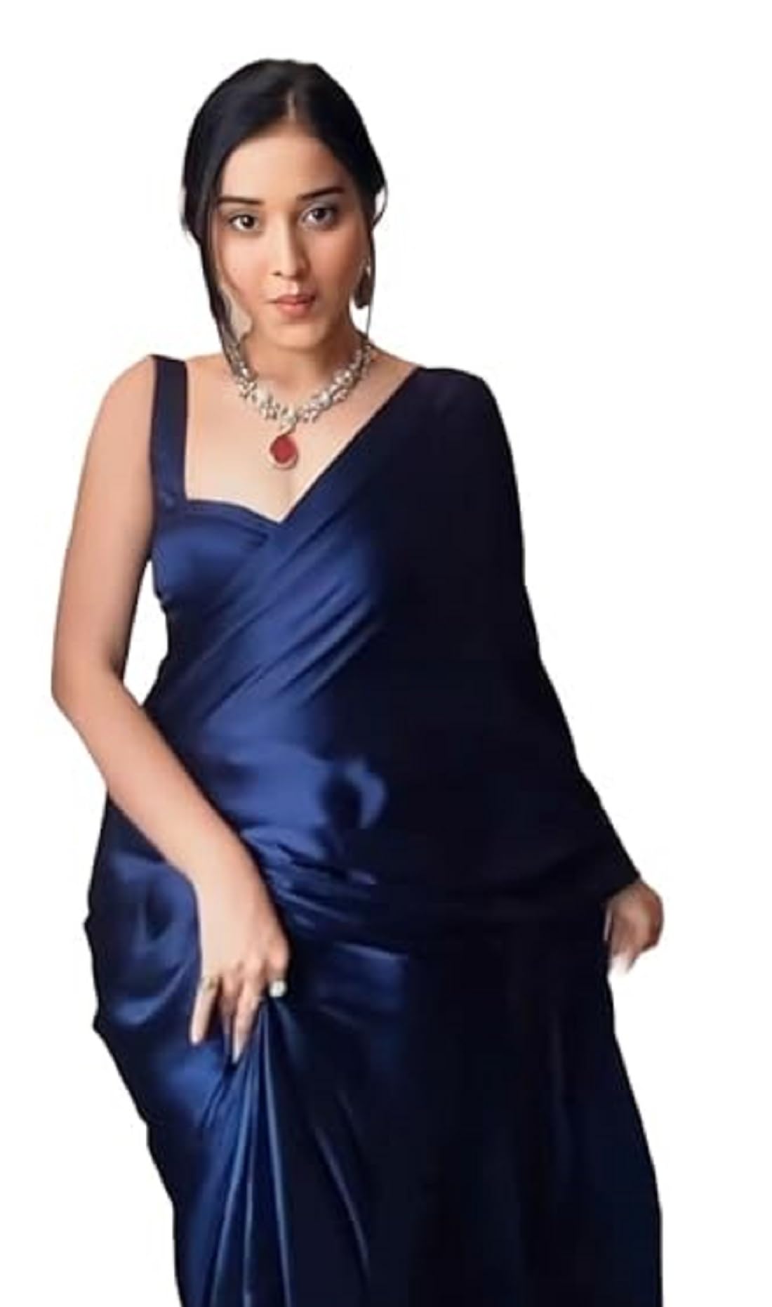 Women's Ready to Wear Plain Satin Silk 1 Minute Pre Pleated Saree With Unstitched Blouse Free size Navy Blue