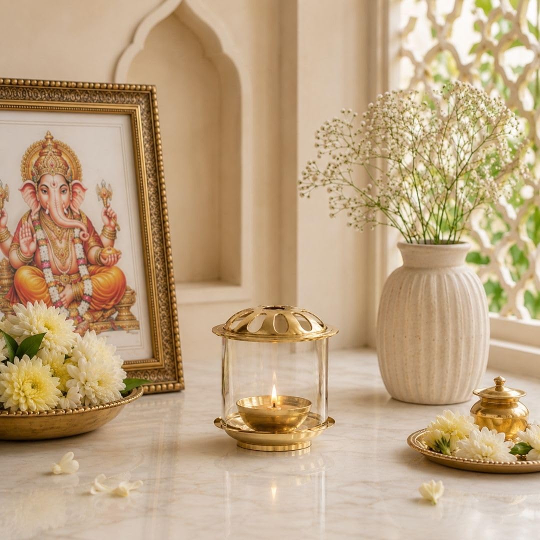 Klassic 4.5 Inch Swastik Akhand Diya with Borosilicate Glass Shade | Pure Brass Oil Lamp for Mandir, Daily Puja, Pooja Room, Diwali, Prayer, Wick Holder Festive