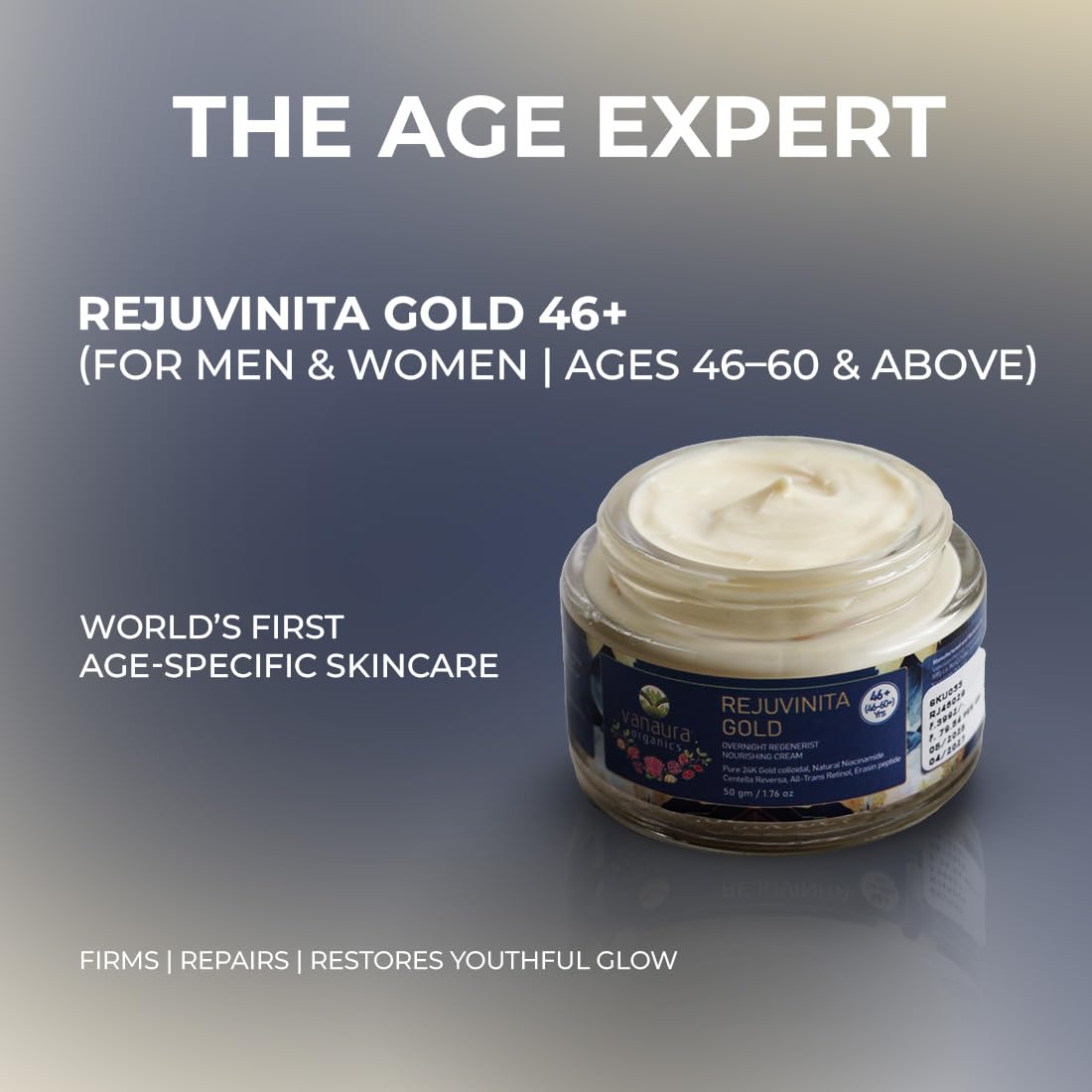 Vanaura Organics Rejuvinita Gold 46+ | Overnight Cream for Glowing Skin | Anti Ageing Night Cream for Women and Men | Pigmentation & Wrinkles |Tanning & Dullnes