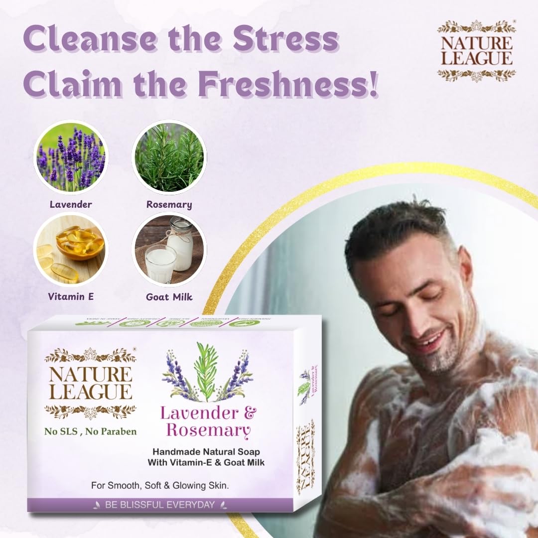 Lavender & Rosemary Natural Handmade Soap with Essential Oils & Vitamin-E, Gentle Cleansing, Skin Nourishing,Relaxing Aroma, For All Skin Types, SLS & Paraben F