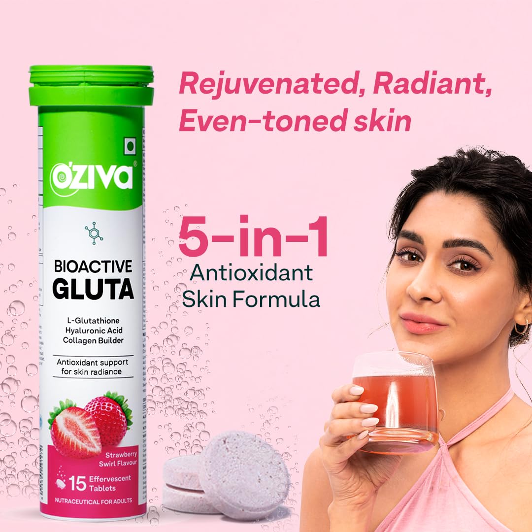 OZiva Bioactive Glutathione Tablets for Radiant Skin - Strawberry Swirl,15 Effervescent Tablets (Pack of 1) & Phyto Ceramides+ Collagen Builder Blueberry,15 Eff