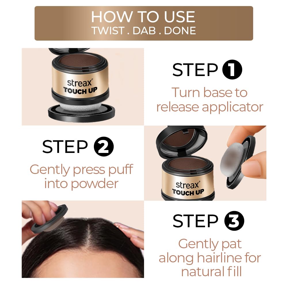 Streax Hair Root Touch Up for Grey Hair, Black – 4gm | Hair Cover Up Powder I Covers Grey Hair & Bald Patches | Instant Hair Colour Touch Up, Beard touch up for