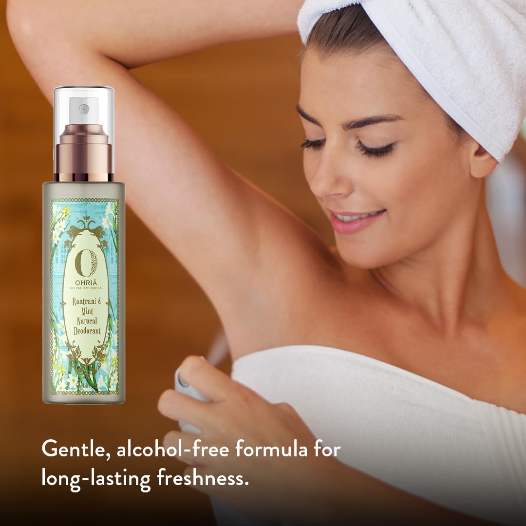 Ohria Ayurveda Raatrani & Mint Natural Deodorant 50ml with Khus, Aloe Vera, Sandalwood & Night - Blooming Jasmine Flowers – Toning, Cooling & Skin Brightening w