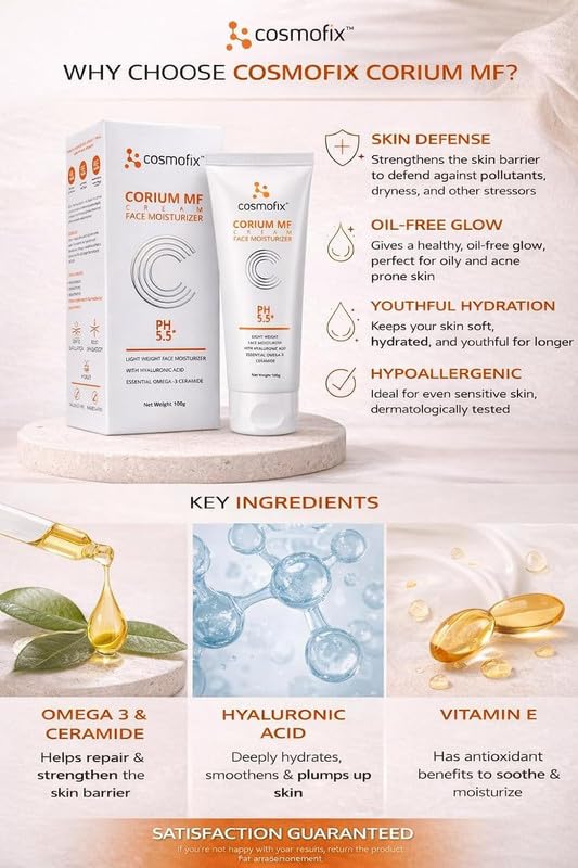 Cosmofix Corium MF Face Moisturizer Cream | Lightweight Daily Face Moisturizer with Hyaluronic Acid Ceramide & Omega 3 | Non Greasy Hydrating Cream for Soft Smo