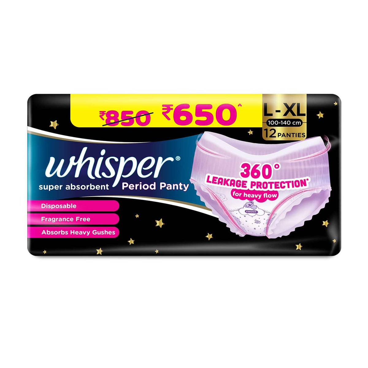 Whisper Super Absorbent Period Panty, 12 L-XL Pants, 360 Degree Leakage Protection* for Heavy Flow, Panty like Fit, Full back Coverage, Absorbs Heavy Gushes, Si