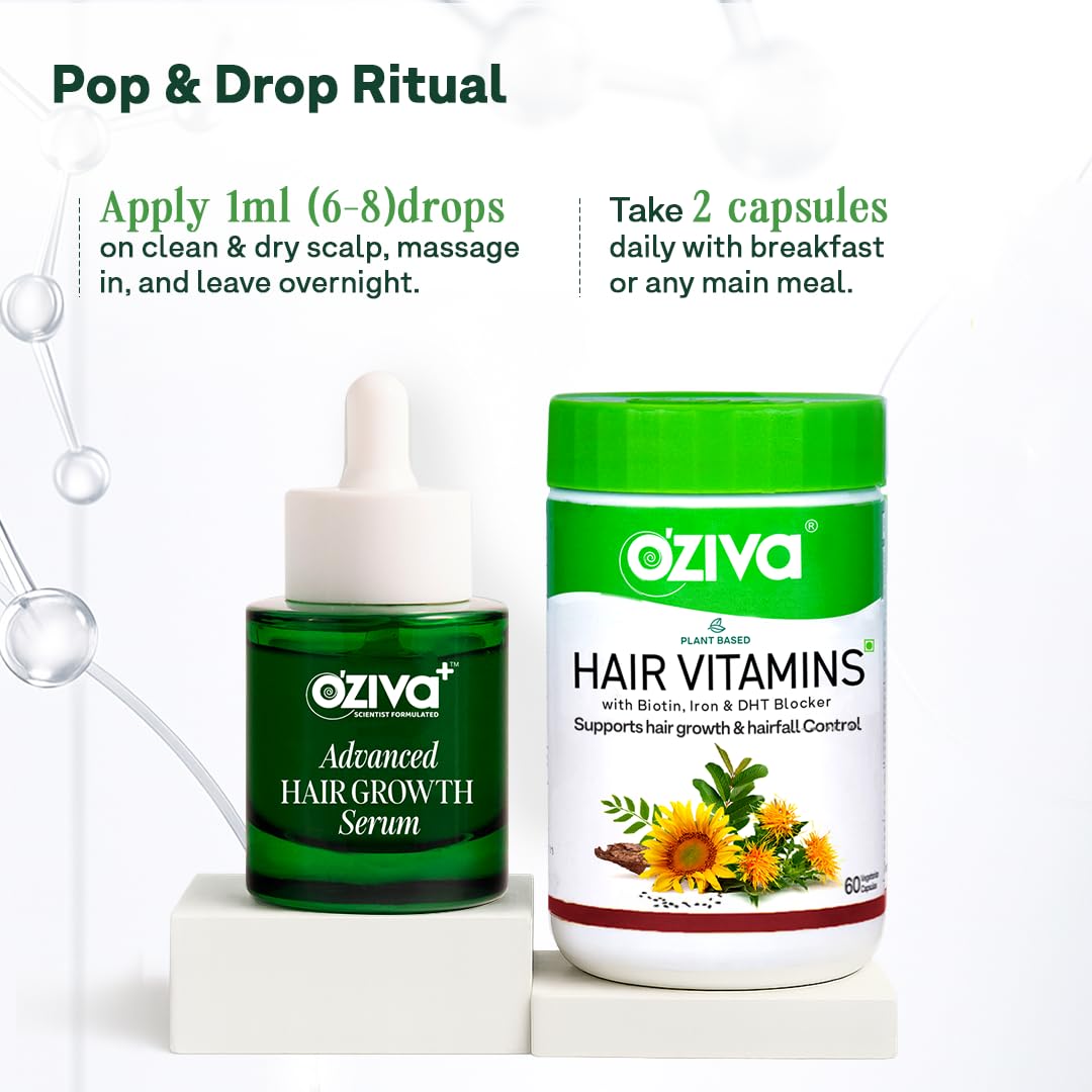 OZiva Hair Vitamin Capsules for Hair Growth & Hair Fall Control, 60 Cap and OZiva+ Advanced Hair Growth Serum with 3% Redensyl & 1% Lindera Root Extract | Balan