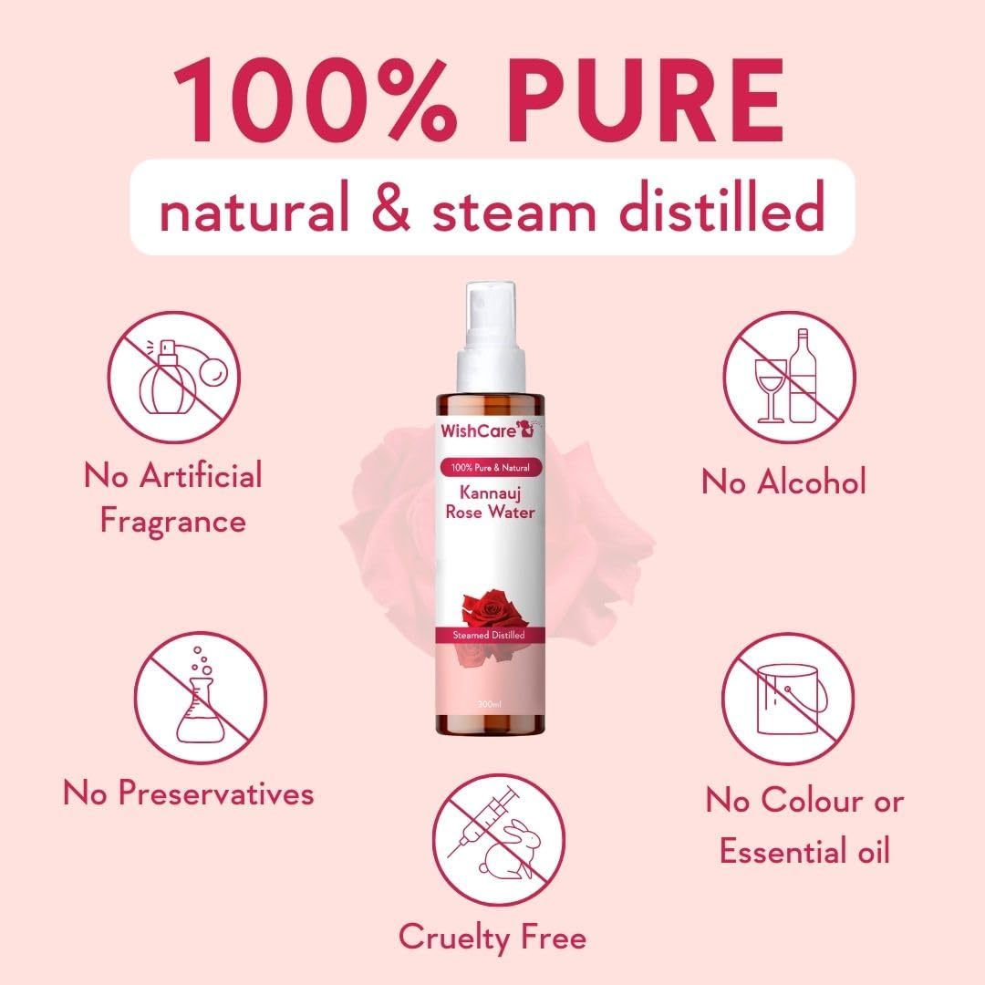 WishCare 100% Pure & Natural Rose Water Liquid - for Skin, Face & Hair - Steam Distilled - Kannauj Gulab Jal - Spray Skin Toner - Free from Paraben, Alcohol & Chemicals - 200 ml