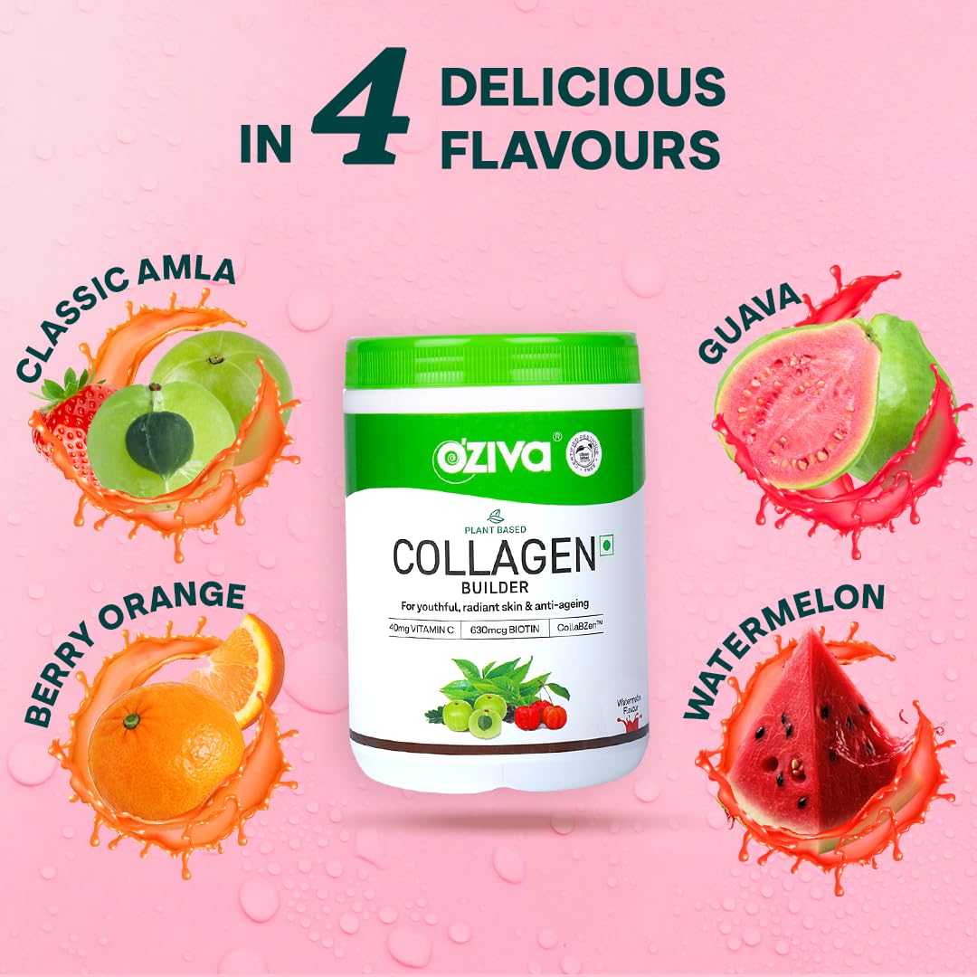 OZiva Vegan Collagen Powder, Skin, Hair & Nails, Biotin, Guava Glow, 200g