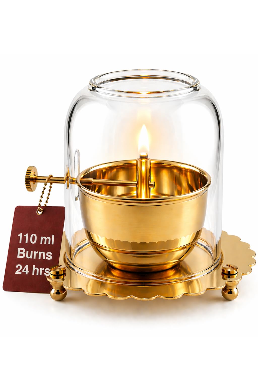 Small Size Pure Brass Akhand Diya With Adjustable Bati (110ml, Small 3.5") | Akhanda Jyothi Deepam Large With Glass Cover | Akhand Jyoti Diya With Screw Lever |