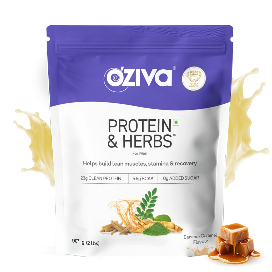 OZiva Protein & Herbs for Men, No Added Sugar, Banana Caramel, 907g