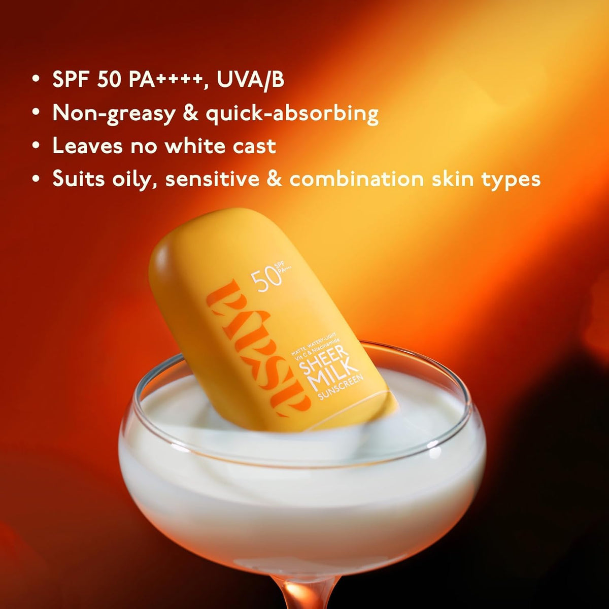 Asaya Sheer Milk Sunscreen SPF 50 PA++++ UVA+UVB | Water Based, Lightweight Fluid with Niacinamide for Brightening & Barrier Support | Matte & Quick Absorbing |