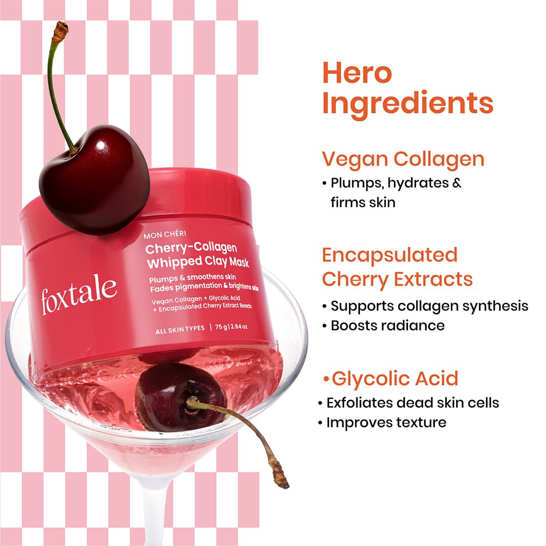Foxtale Cherry-Collagen Whipped Clay Mask | Vegan Collagen + Glycolic Acid + PHA + Cherry Beads | Hydrates, Plumps & Firms Skin | Detoxifies Pores, Brightens & Smooths Dull, Uneven Skin | 75g