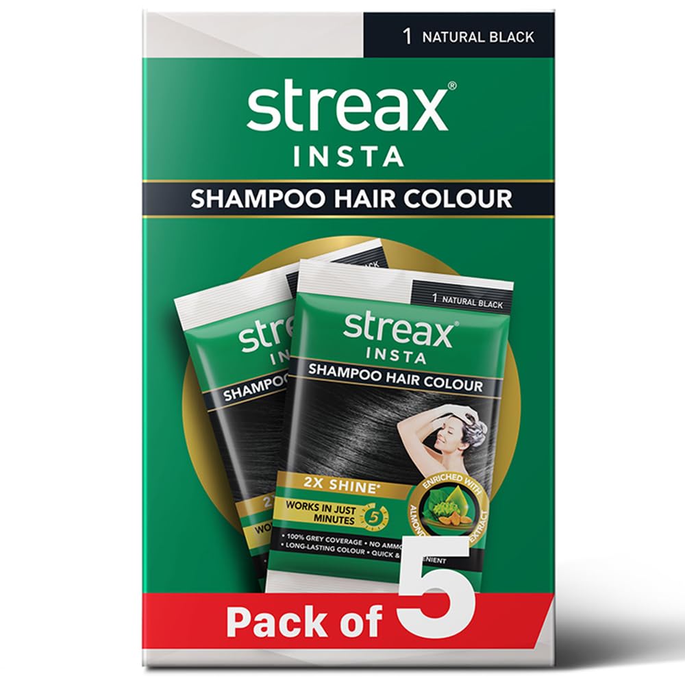Streax Insta Shampoo Hair Colour Black for Women and Men, Pack of 5 | Natural Black Hair Colour | 100% grey coverage in 5 minutes | Long lasting, easy to use 24