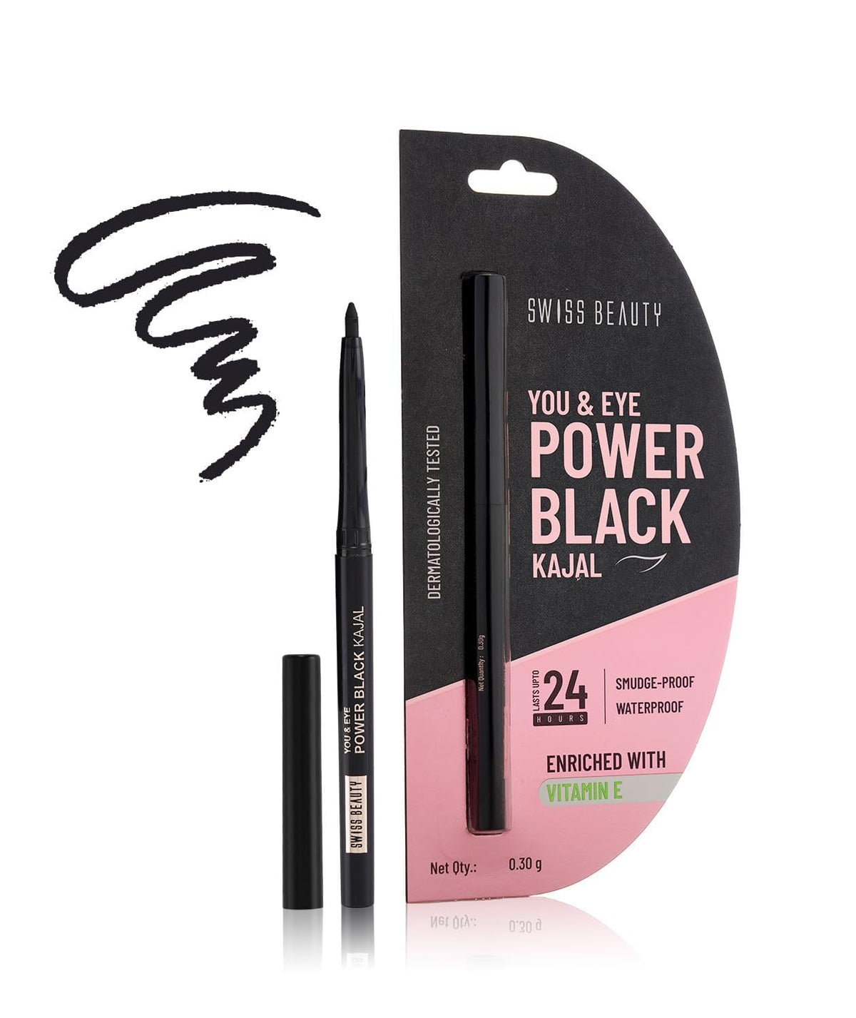 SWISS BEAUTY You & Eye Power Black Pencil Kajal | Waterproof & Smudge-Proof | 24 Hour Stay | Matte Finish Black Kajal | 0.30gm Black 0.3 g (Pack of 1)