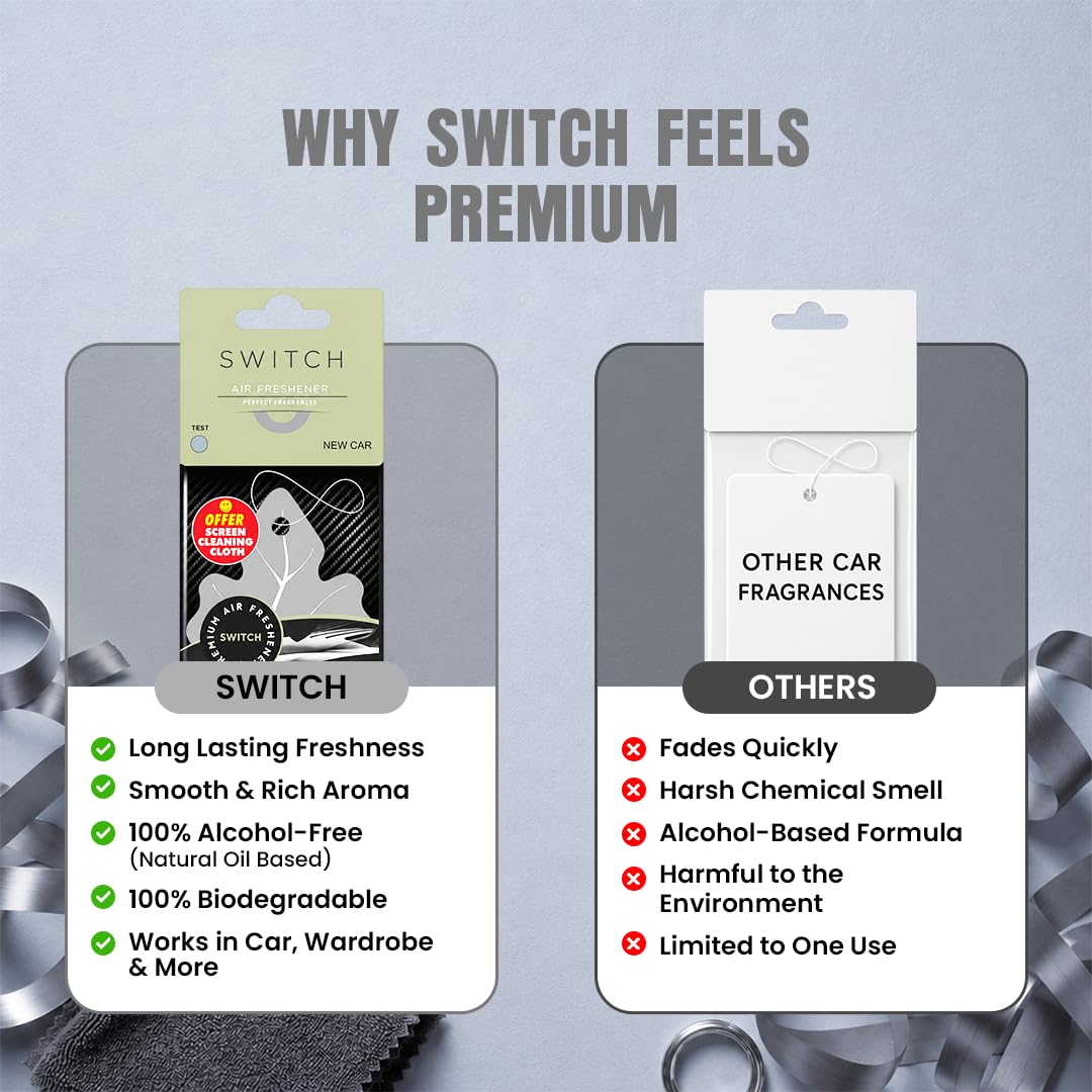 SWITCH New Car Air Freshener Combo | Luxury Hanging Car Perfume | Long Lasting Fragrance | Premium Freshener & Screen Cleaning Cloth | Car Dashboard Decoration