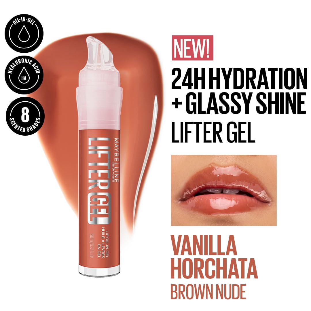 Maybelline New York Lifter Gel Lip Oil In Gel | Glass-like shine | 24H Hydration with Hyaluronic acid + Passionfruit Oil | Softer, bare lips in 1 week - Vanilla Horchata, 6.6ml