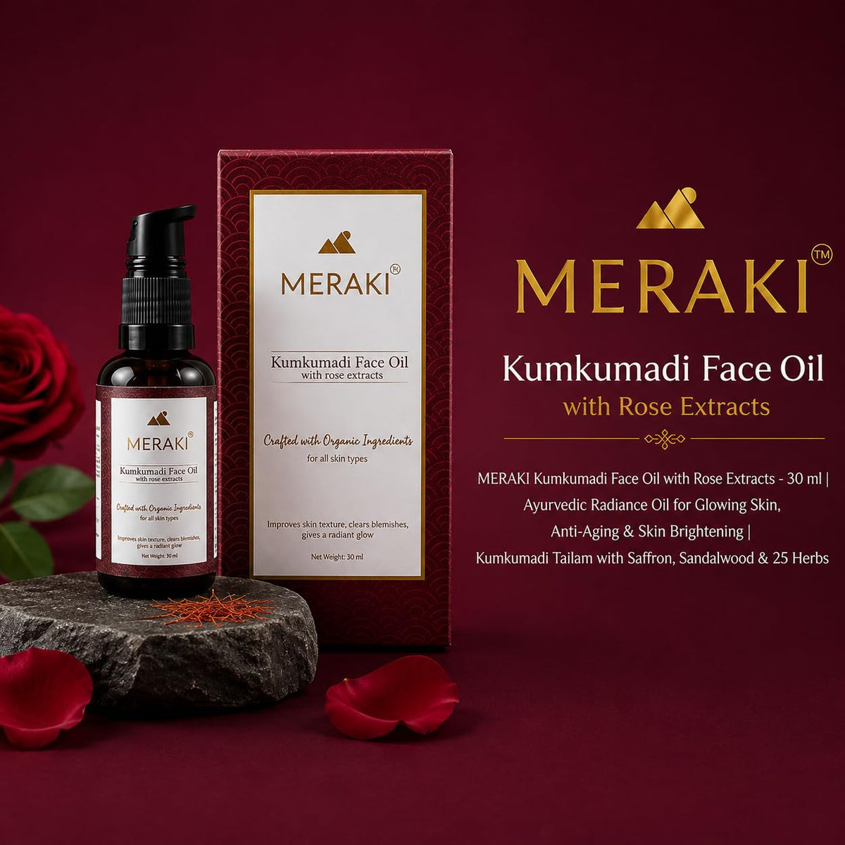 MERAKI Kumkumadi Face Oil with Rose Extracts - 30 ml | Ayurvedic Radiance Oil for Glowing Skin, Anti-Aging & Skin Brightening | Kumkumadi Tailam with Saffron, S