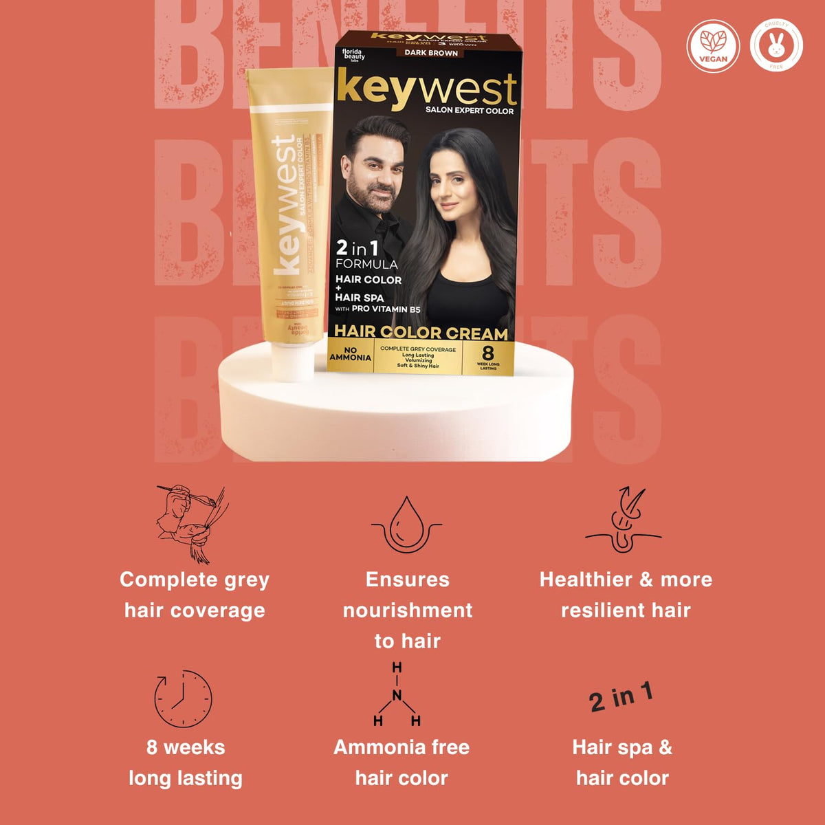 Keywest Crème Hair Colour Dark Brown - 130ml (Ammonia Free) | Hair Color Cream | 2in1 Formula Hair Color + Hair Spa with Pro Vitamin B5