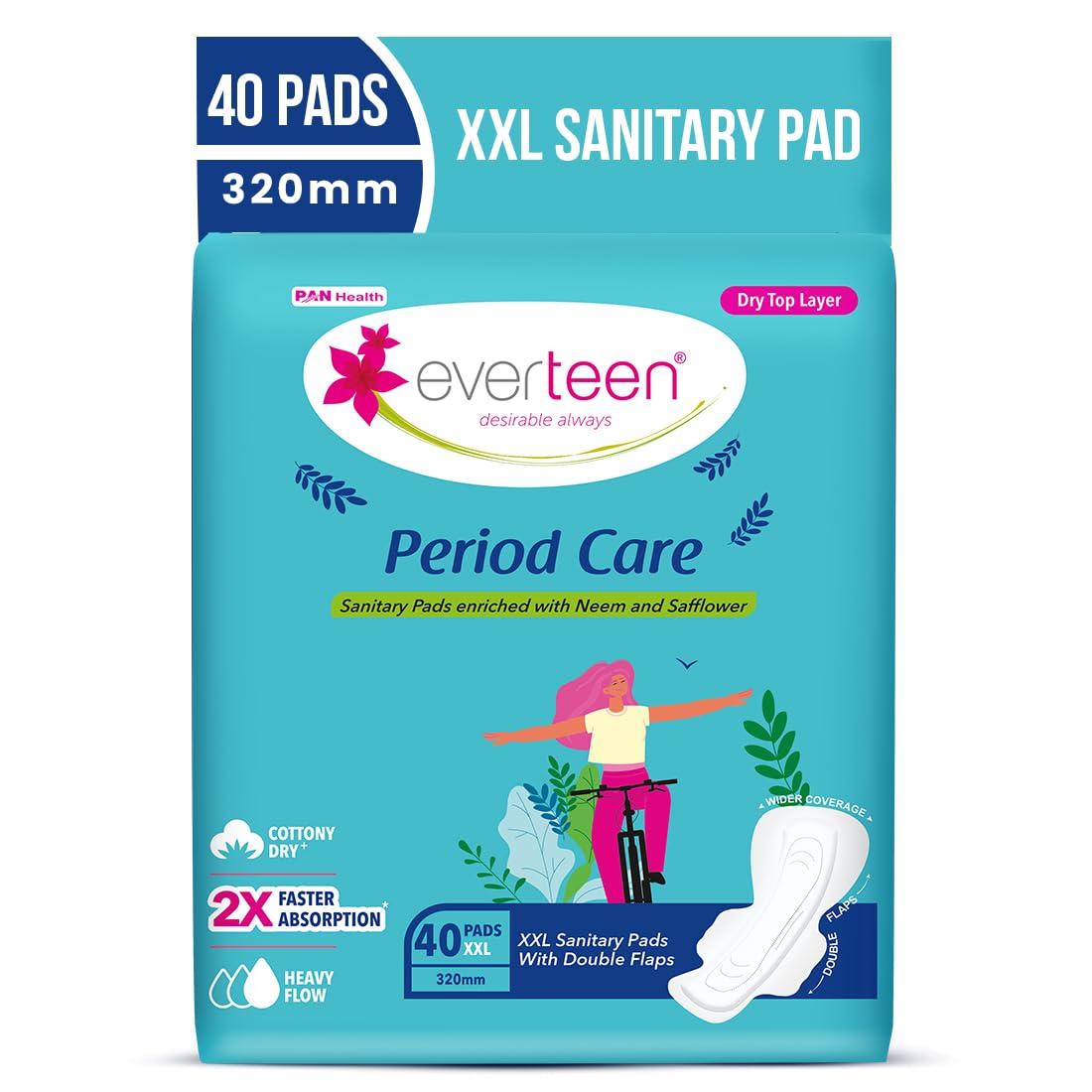 everteen XXL Sanitary Napkin Pads with Cottony-Dry Top Layer for Women Enriched with Neem and Safflower(40 Pads, 320mm) (Pack of 1)