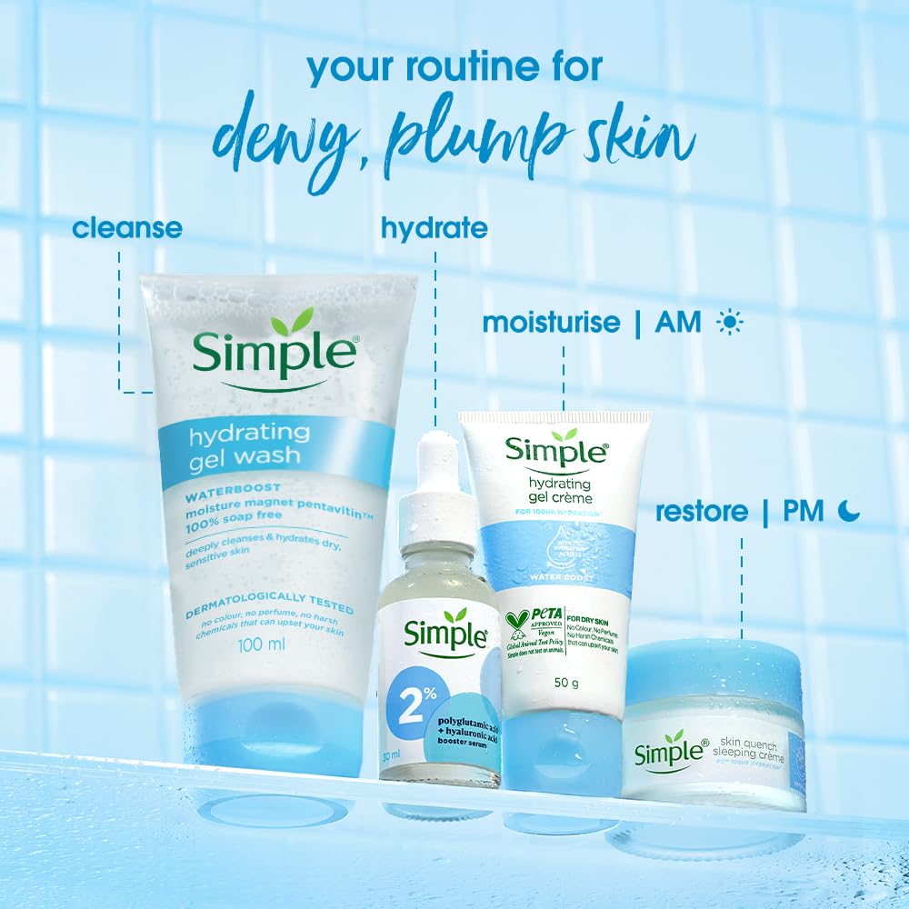 Simple Hydrating Gel Wash| 100% Soap Free | Gentle Hydrating Facewash with Pentavitin & Panthenol | Cleanser for Dry Sensitive Skin, 100 ml
