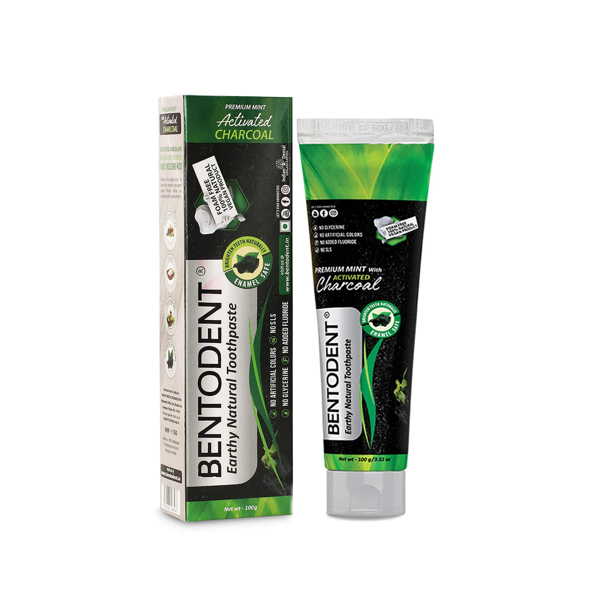 Bentodent Activated Charcoal Whitening Toothpaste With A Soft (Bio Black/or Bio White) Biodegradable Toothbrush, SLS and Fluoride Free, Safe and Certified,Pack