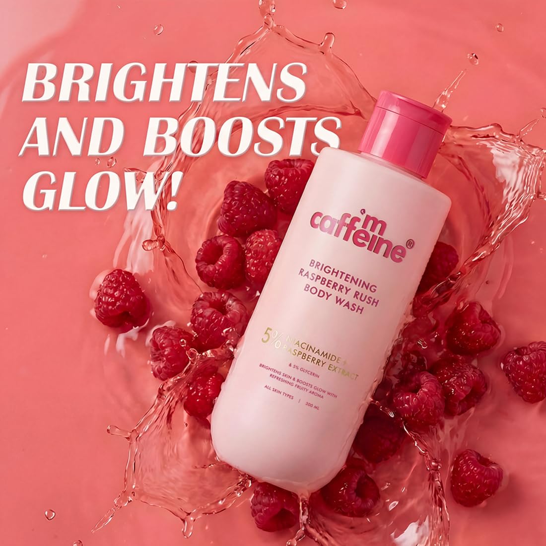 mCaffeine Brightening Body Wash - 5% Niacinamide & Raspberry | Summer Body Wash for Dry Skin | Vitamin C & Glycerin Hydration | Boosts Glow, Deep Cleanses & Sof