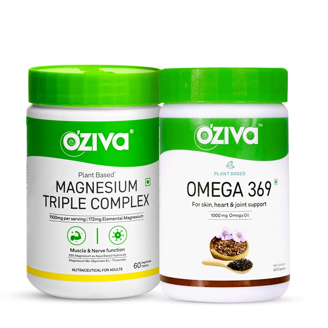 OZiva Magnesium Triple Complex 60 Veg Tablets & Plant Based Omega 3 6 9 Multivitamin Supplement 60 Cap