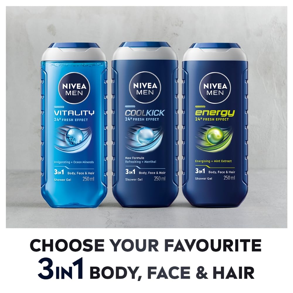 NIVEA MEN Cool Kick 250ml Body Wash| Shower Gel for Face, Body & Hair| Refreshing Icy MENthol|24 H Freshness |For All Skin & Hair Types Menthol 1 count (Pack of