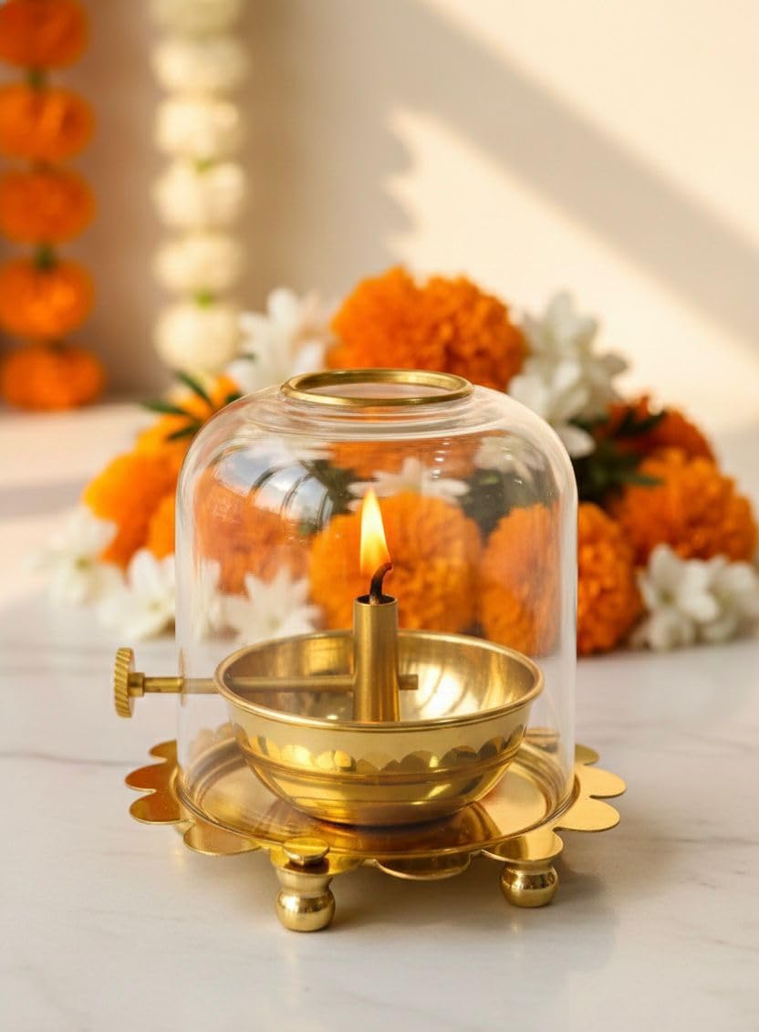 Brass Akhand Jyoti Diya Oil Lamp with Adjustable Bati Knob | Lifting Screw Wick Holder & Borosilicate Glass Cover | Small Size, 50 ml Oil Capacity, Stay Lit | G