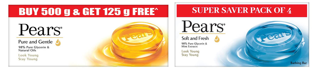 Pears Pure & Gentle Moisturising Bathing Bar Soap with Glycerine For Golden Glow 125g (Pack of 5) & Pears Soft & Fresh Bathing Bar with 98% Pure Glycerine & Min