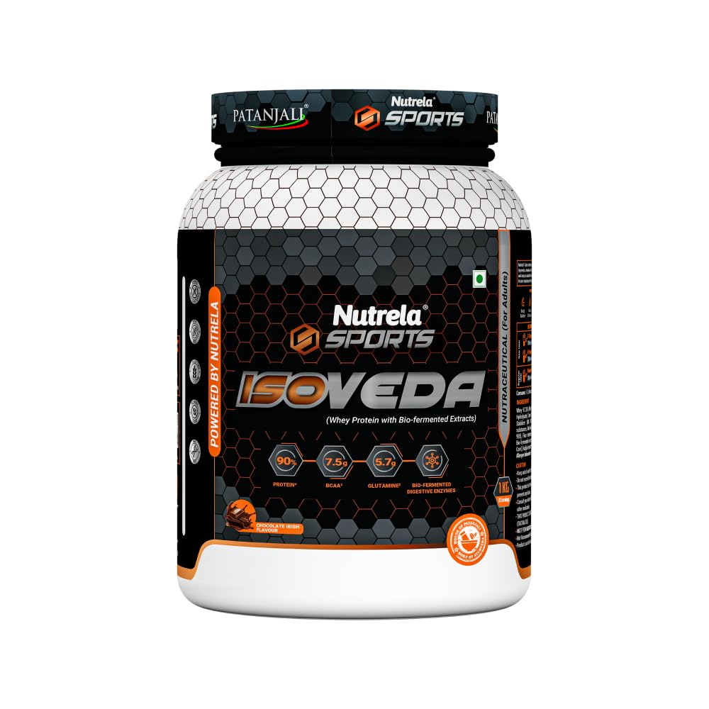 NUTRELA Sports By Patanjali Whey Protein Isolate Powder Chocolate 1kg | 27g Protein Per Scoop, 33 Serving, Fast Absorbing & Easy to Digest, Helps in Muscle Reco