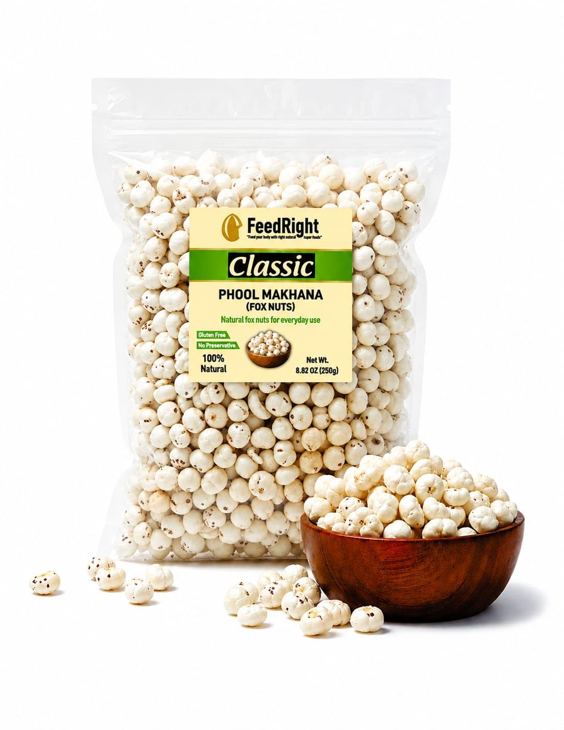 FeedRight Classic Medium standard size ORGANIC Handpicked Phool Makhana (Fox Nuts), Lotus Seeds | No small size mix | Crunchy Makhana, Light Healthy Natural Sna