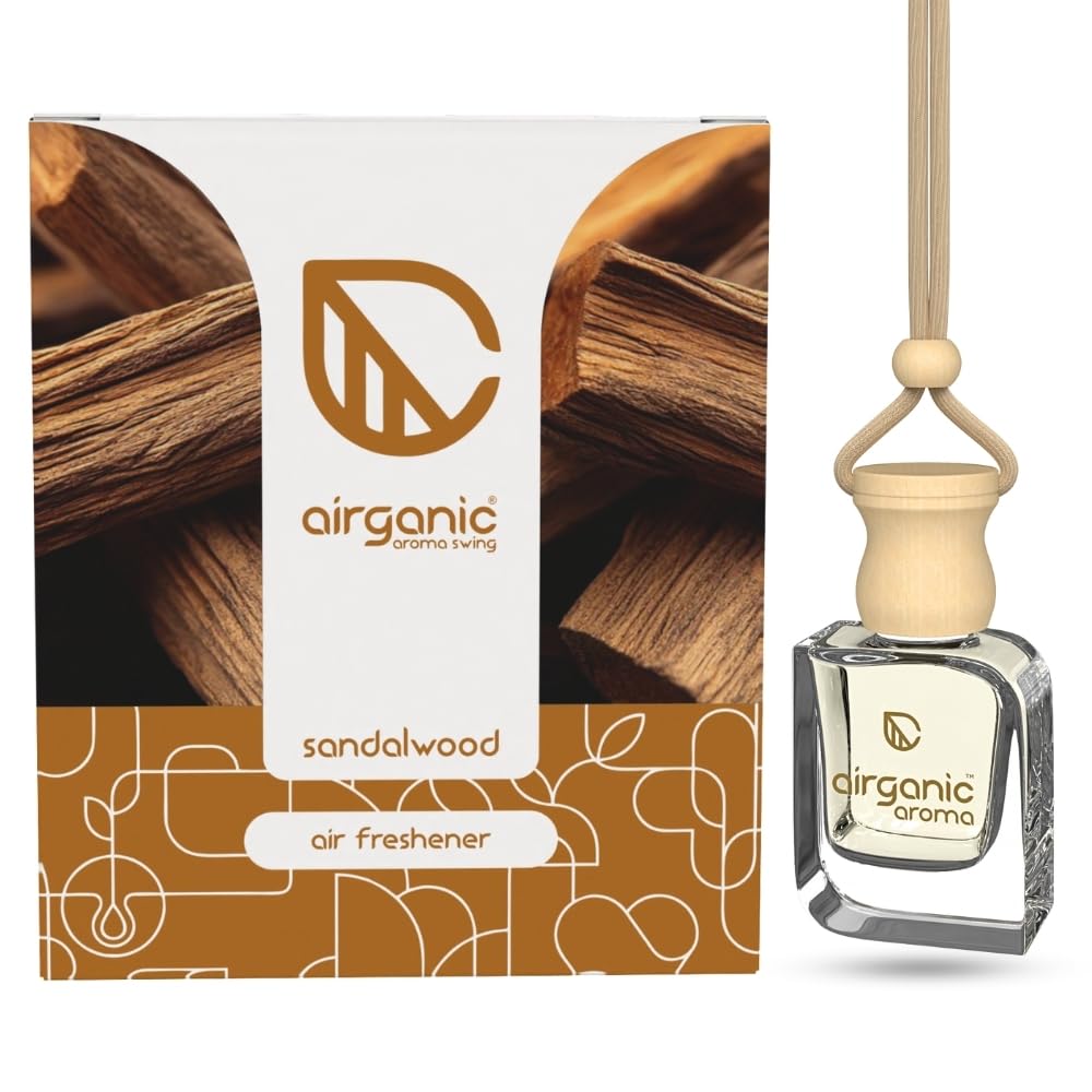 Airganic Swing Prime Car Perfume Hanging Pod-Musk, Sandalwood & Cool aqua Water-Pack 3| Car Air Freshener|Fragrance Oils in Glass Bottle with Wooden Diffuser Li