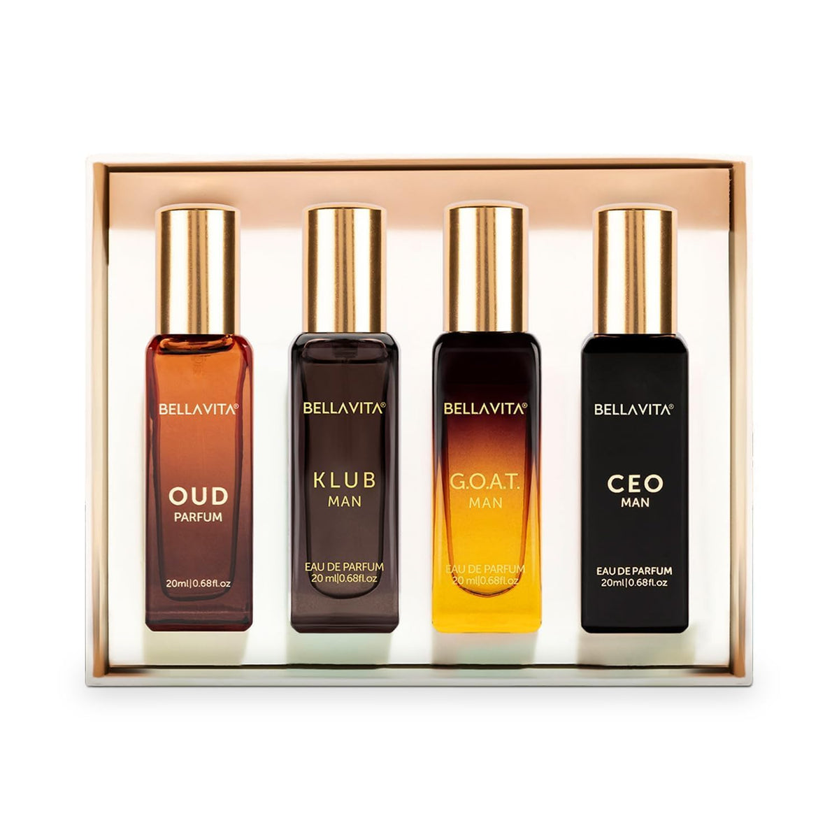 Bella Vita Luxury Man | Long Lasting Liquid Eau De Parfum Gift Set 4 X 20 Ml Perfume For Men | With Klub, Oud, CEO, G.O.A.T | Woody, Citrusy Premium Fragrance S