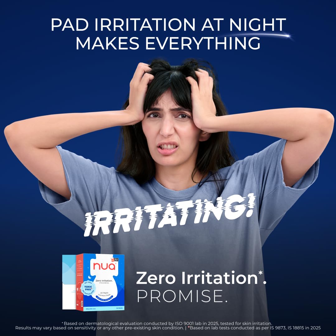 Nua All Night Comfort Sanitary Pads | Pack of 10 (XL++ 320mm) | Twin Layer Protection | 50% Wider Back and Anti Stain Wings | Upto 10 Hours of Absorption | Supe