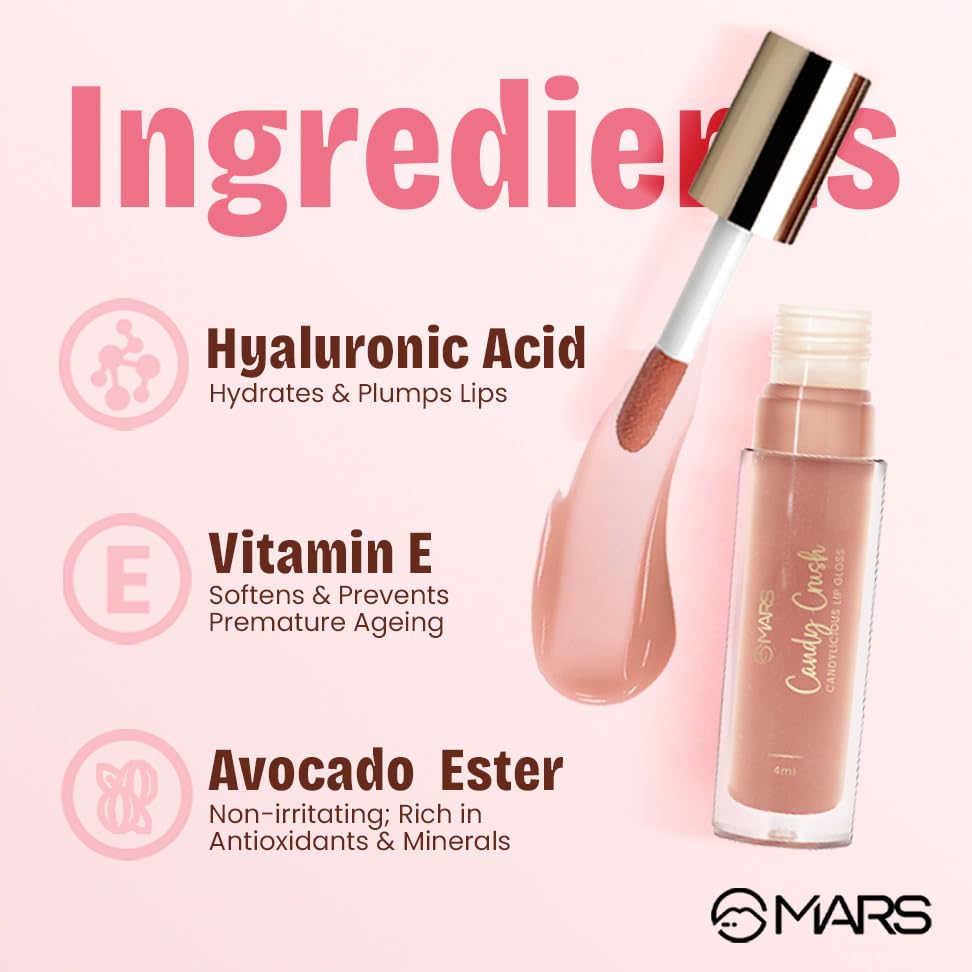 MARS Candylicious Sheer Lip Gloss for Women | Hydrating & High Shine | Lightweight | Non-Sticky | Enriched with Vitamin-E, Hyaluronic Acid & Avocado Ester (4.0ml) (08-CHERRY COLA)