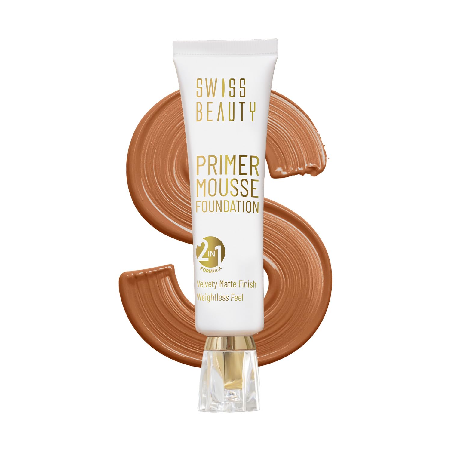 Swiss Beauty Primer Mousse Foundation Weightless Smooth & Velvet Touch, Matte Finish, Face Makeup, Caramel Roast, 30ml
