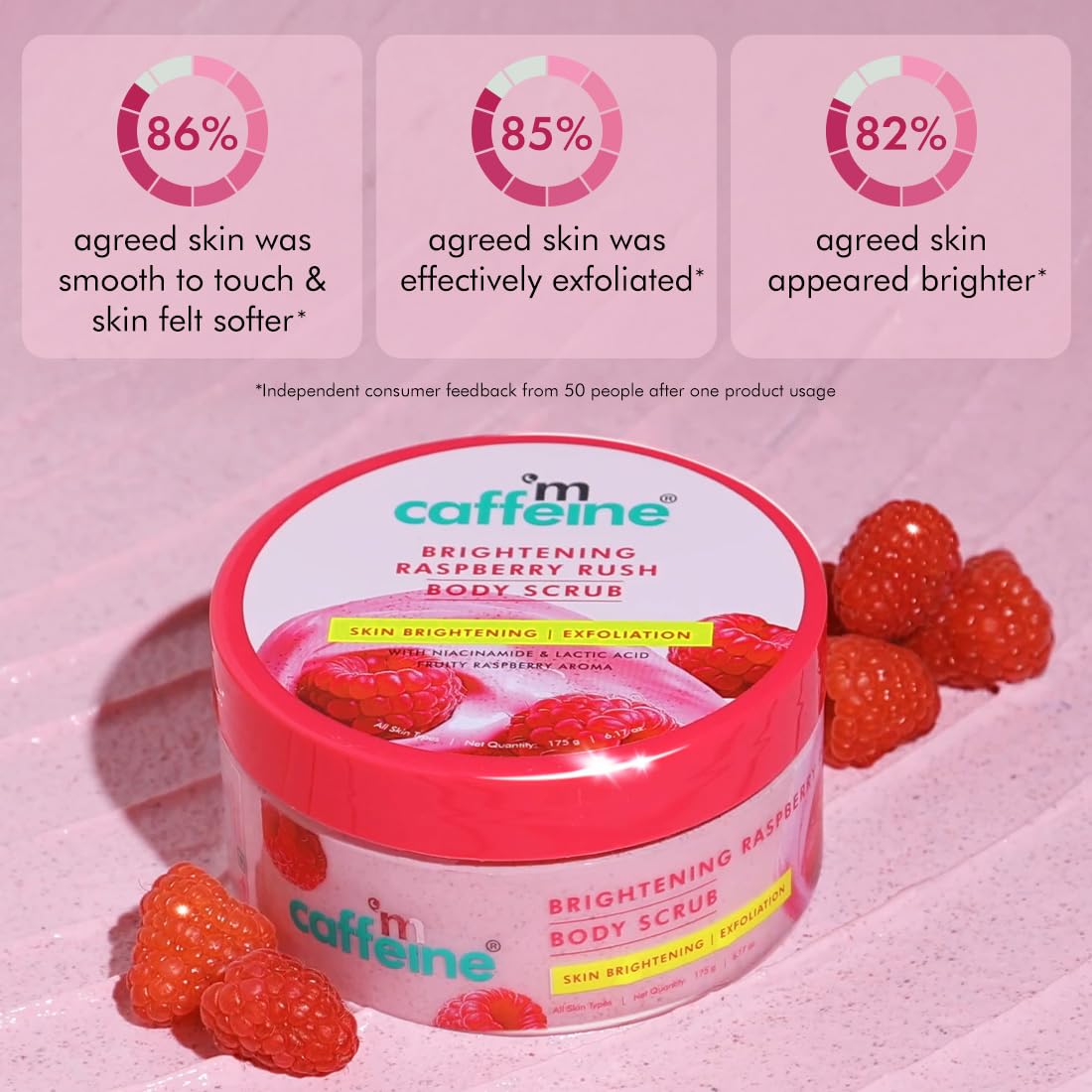 mCaffeine Brightening Raspberry Body Scrub | Tan Removal | AHAs - Lactic & Glycolic Acid, Niacinamide | Vitamin C Rich for Brighter, Soft Skin | Remove Dry, Dea