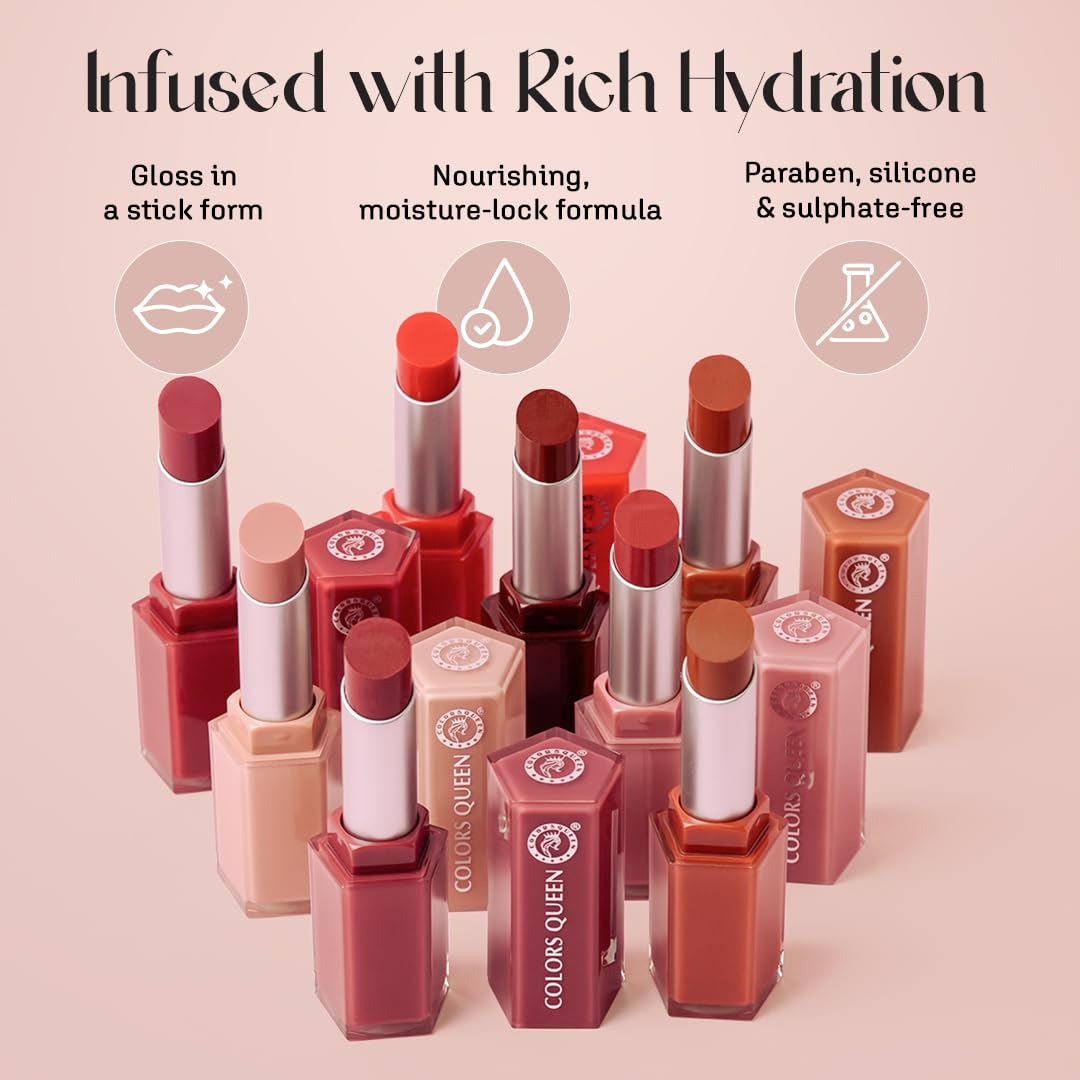 Colors Queen Gloss Stick | Lightweight & Non-Sticky Lip Gloss | Smooth 8 Hrs Hydrating Formula | High Shine Lipstick for Women Enriched with Shea Butter, Vitamin E & Squalane (01 - Mauve Macaron, 3.6g)