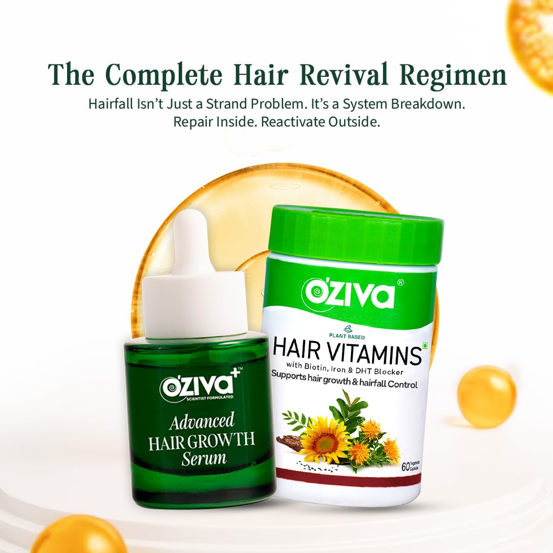 OZiva Hair Vitamin Capsules for Hair Growth & Hair Fall Control, 60 Cap and OZiva+ Advanced Hair Growth Serum with 3% Redensyl & 1% Lindera Root Extract | Balan