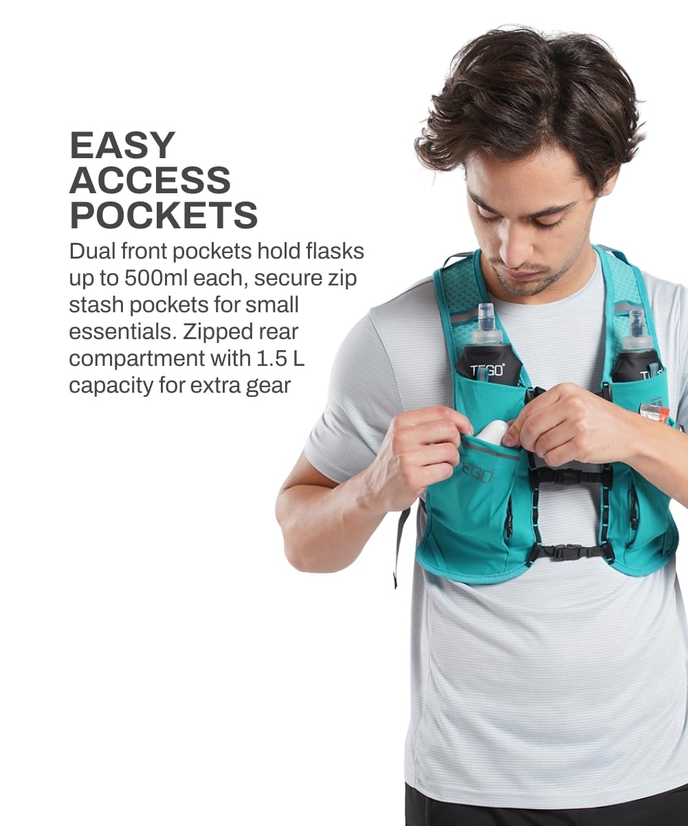 TEGO Pacer Lite Running Hydration Vest | Lightweight Minimalist Running Vest | Compatible with 200 ml / 250 ml / 500 ml Soft Flasks | Reflective | for Running &