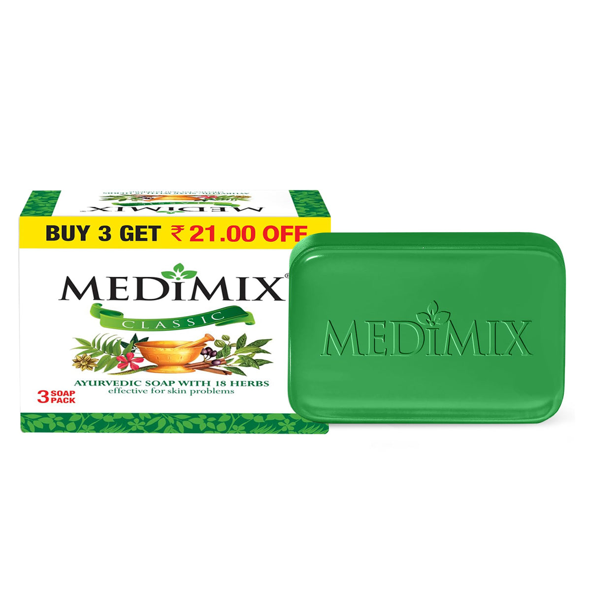 Medimix Classic Ayurvedic Traditionally Made Soap 125g (Combo Pack of 3) | Infused with 18 Herbs | Effective for Skin Problems 125 g (Pack of 3)