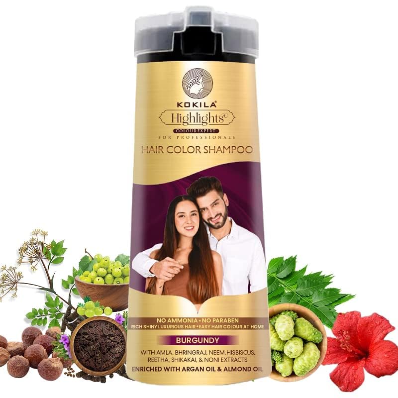Kokila Hair Color Shampoo for Men & Women | No Ammonia - No Paraben | 10 Pair Free Gloves, Burgundy 200Ml 200 ml (Pack of 1) Burgundy