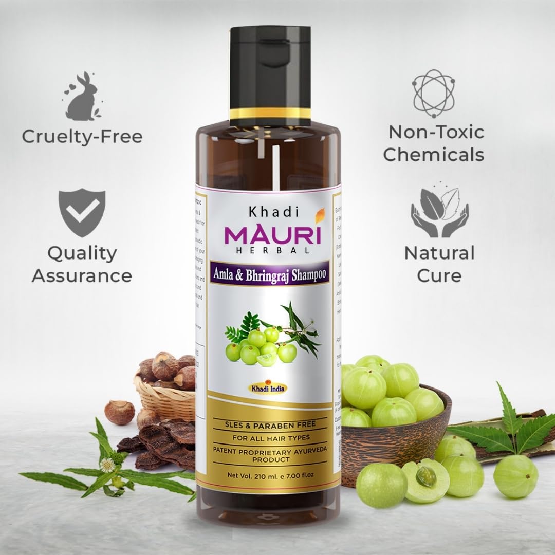 Khadi Mauri Herbal Amla and Bhringraj Herbal Shampoo - Prevents Hairfall & Damage, Strengthens Roots & Hair Follicles - Enriched with Natural Ingredients - 210
