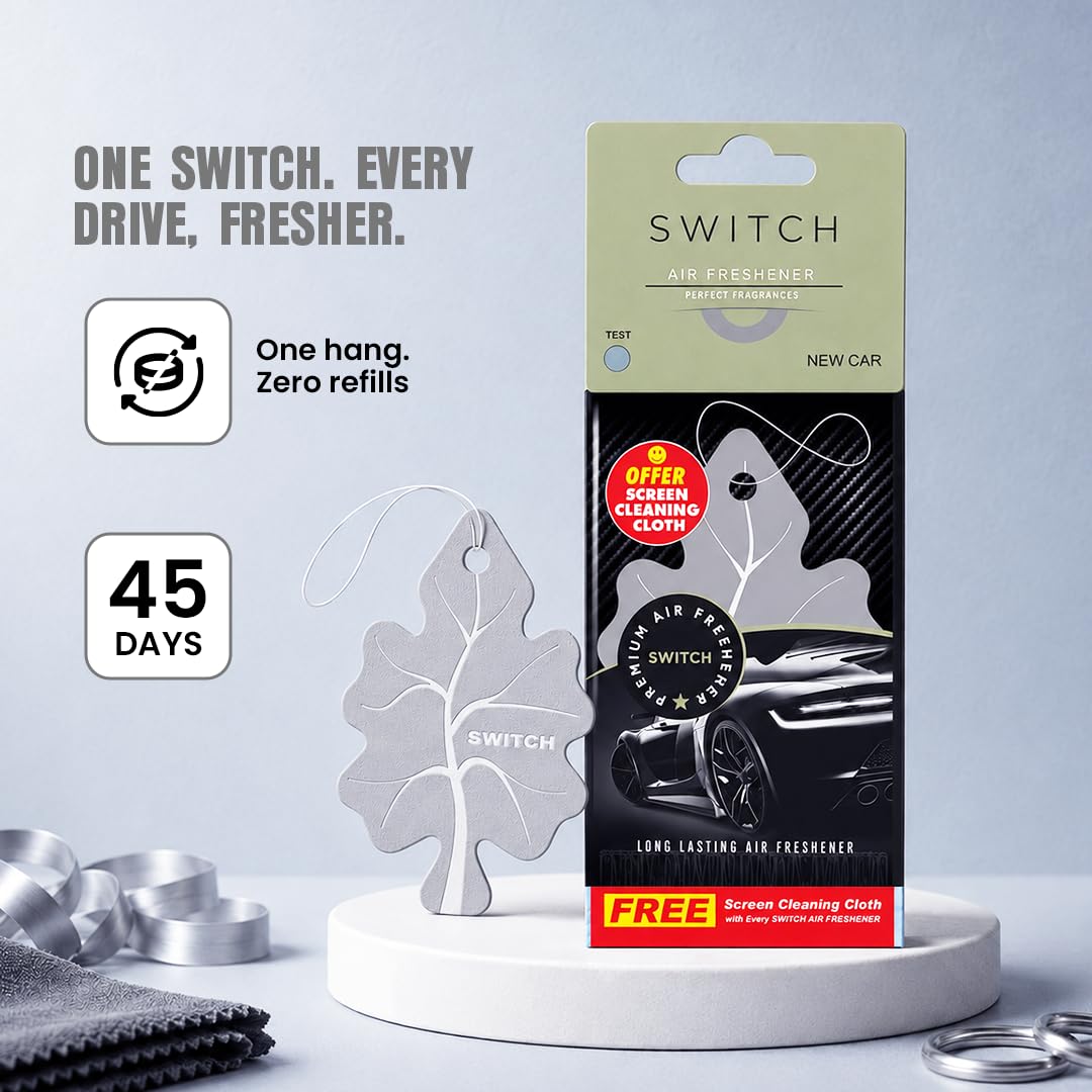 SWITCH New Car Air Freshener Combo | Luxury Hanging Car Perfume | Long Lasting Fragrance | Premium Freshener & Screen Cleaning Cloth | Car Dashboard Decoration