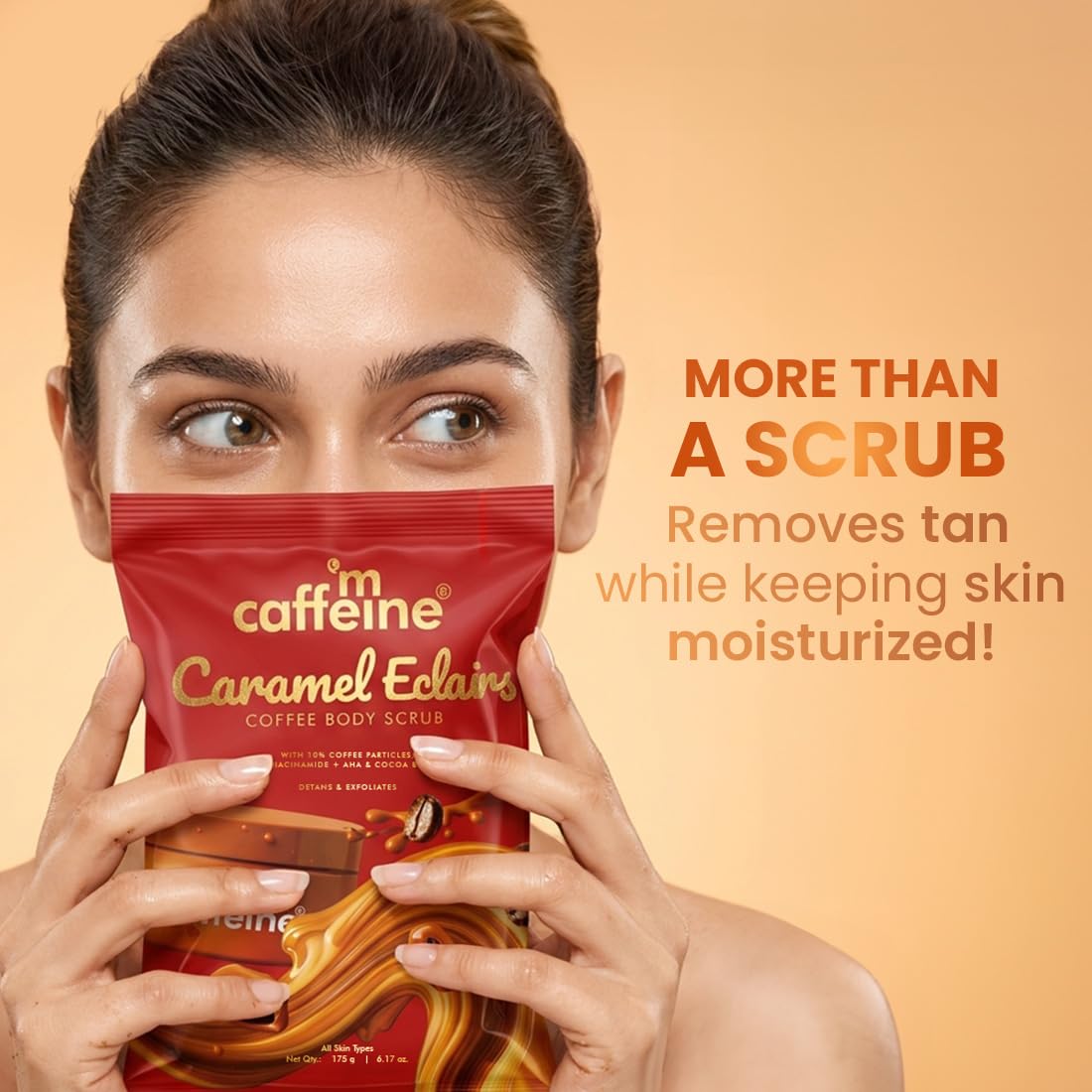 mCaffeine Caramel Eclairs Coffee Body Scrub for Removing Tan & Dead Skin| 10% Coffee Grounds, AHA- Glycolic & Lactic Acid | Smooth, Soft & Bright Skin| Sweet Ca