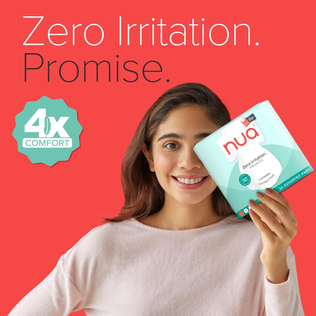 Nua Complete Comfort Sanitary Pads for Sensitive Skin | Pack of 24 Pads (6 Heavy Flow, 8 Medium Flow, 10 Light Flow) with Disposal covers | Zero Irritation | Co